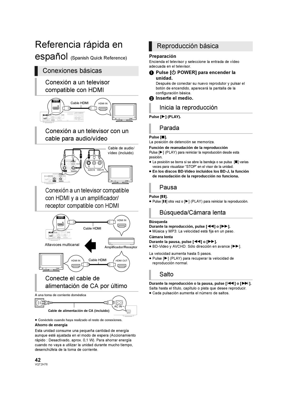 Panasonic DMP-BD85EGK operating instructions Referencia rápida en, Conexiones básicas, Reproducción básica 