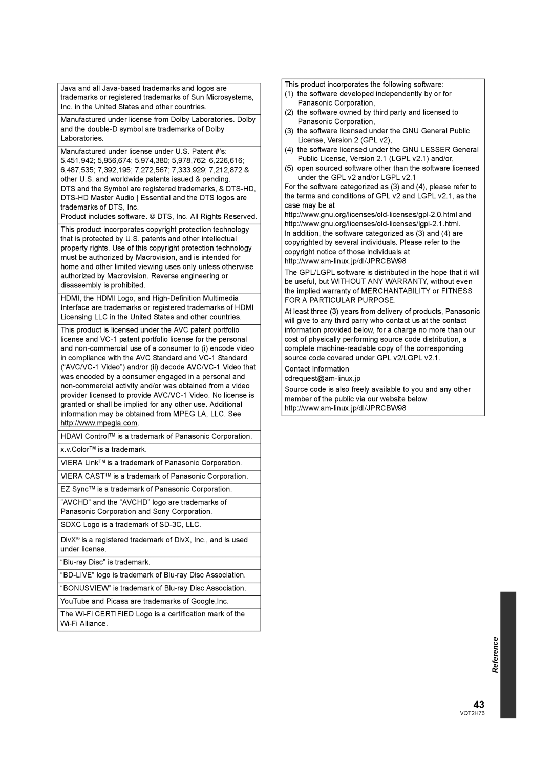 Panasonic DMP-BD85EGK operating instructions Contact Information cdrequest@am-linux.jp 