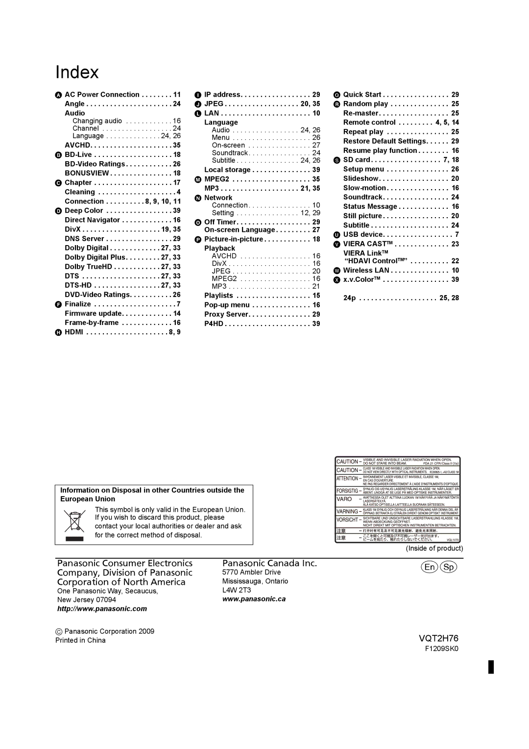 Panasonic DMP-BD85EGK operating instructions Index, AC Power Connection Angle Audio, Local storage M MPEG2 MP3 Network 