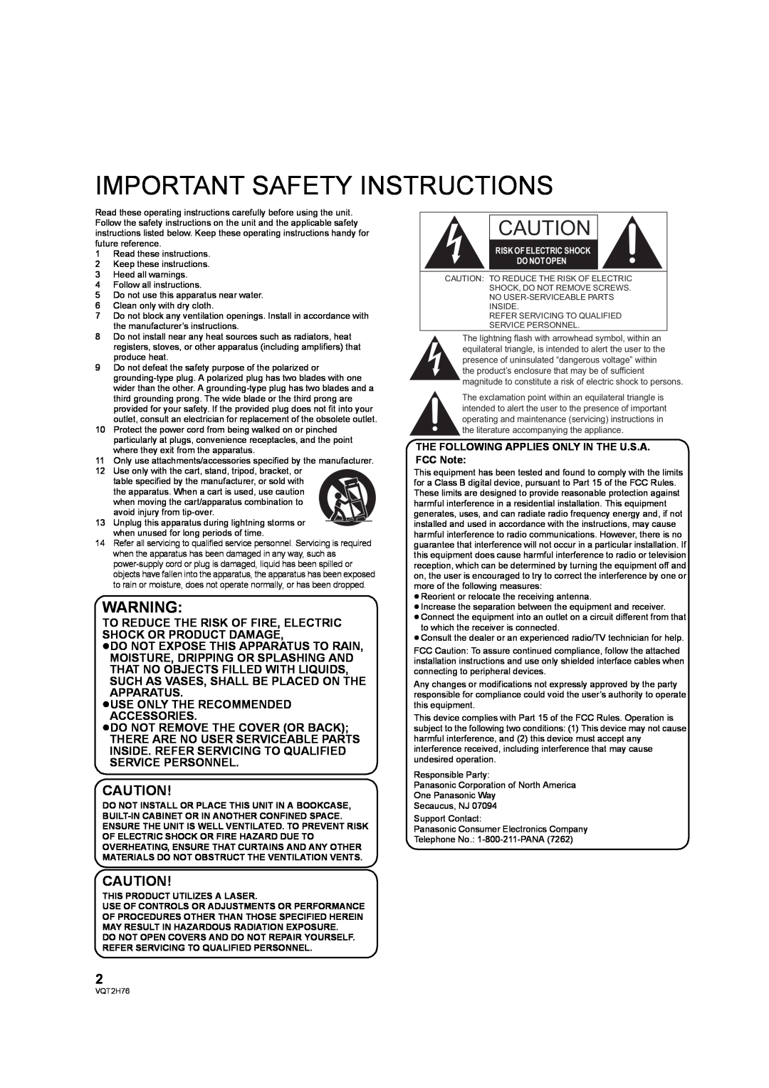 Panasonic DMP-BD85 Important Safety Instructions, To Reduce The Risk Of Fire, Electric Shock Or Product Damage 