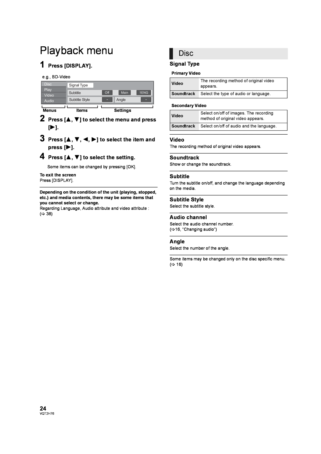 Panasonic DMP-BD85EGK operating instructions Playback menu, Disc 