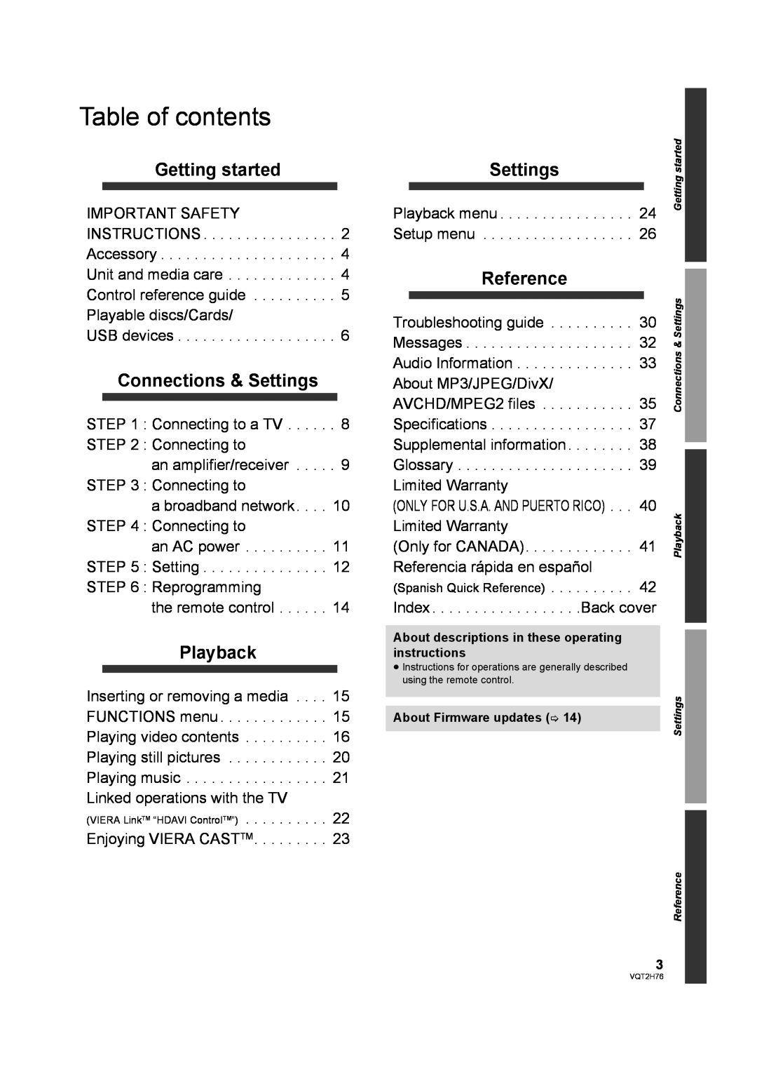 Panasonic DMP-BD85EGK Table of contents, Getting started, Connections & Settings, Playback, Reference 