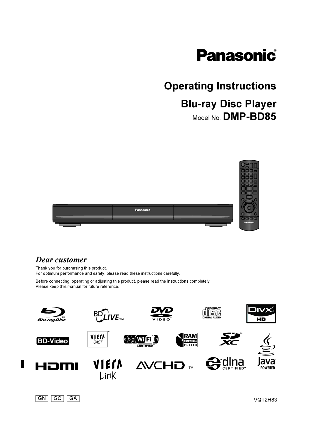 Panasonic operating instructions Operating Instructions Blu-ray Disc Player, Model No. DMP-BD85 