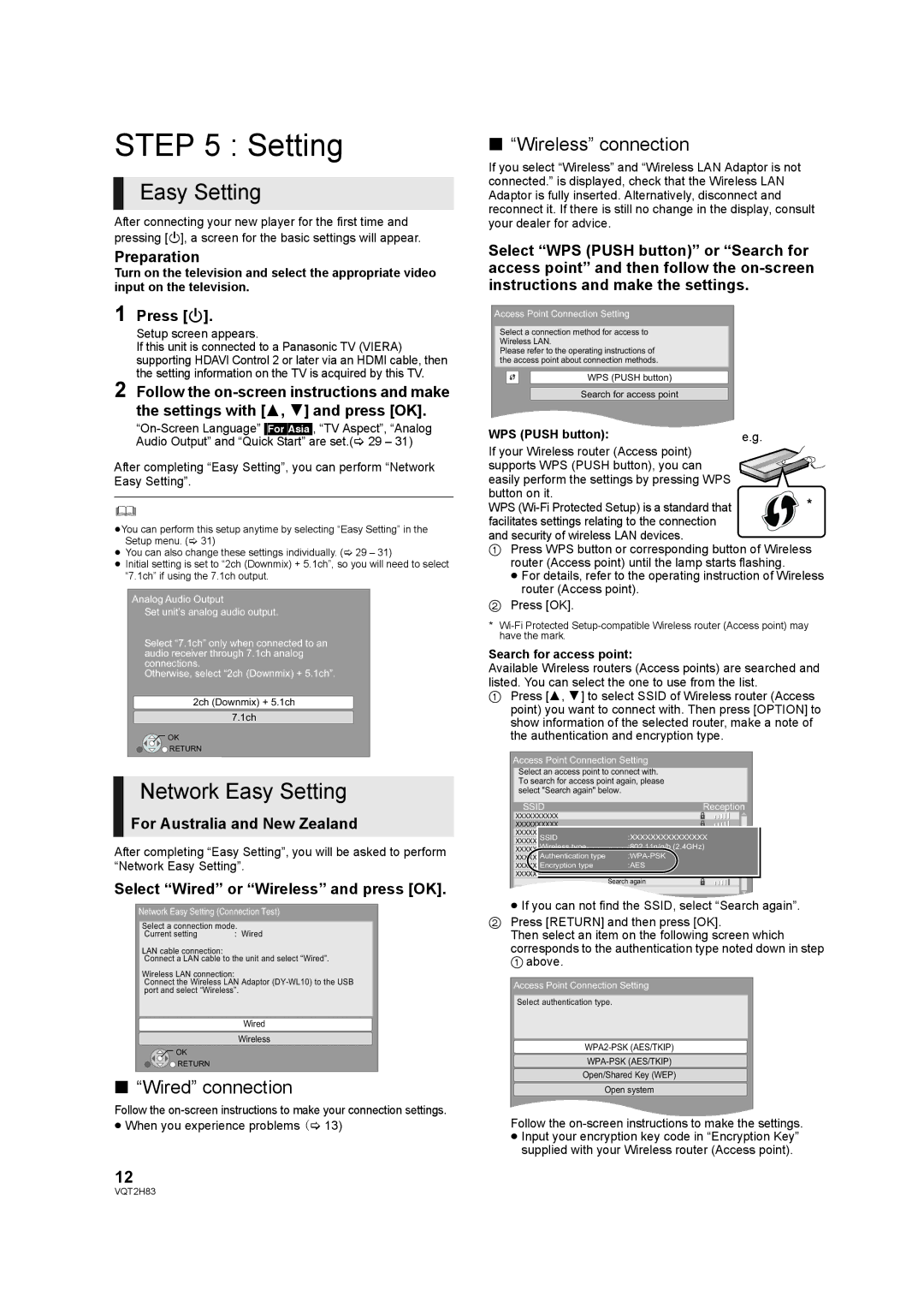 Panasonic DMP-BD85 operating instructions Network Easy Setting, Wired connection, Wireless connection 