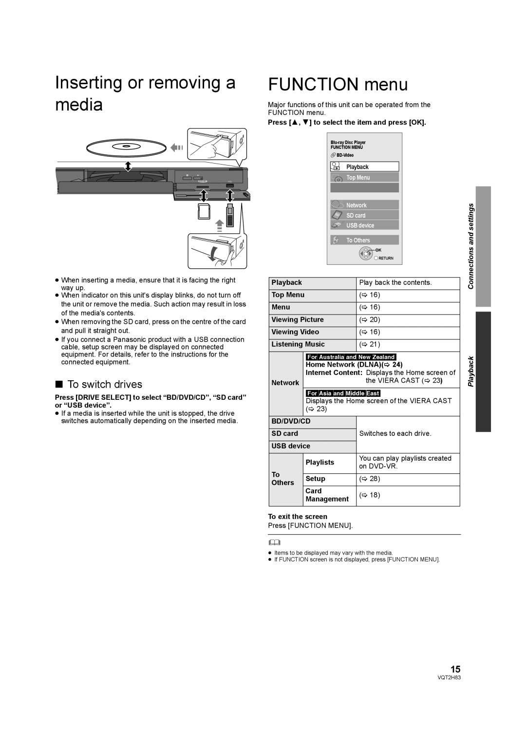 Panasonic DMP-BD85 operating instructions Inserting or removing a media, Function menu, To switch drives, Bd/Dvd/Cd 