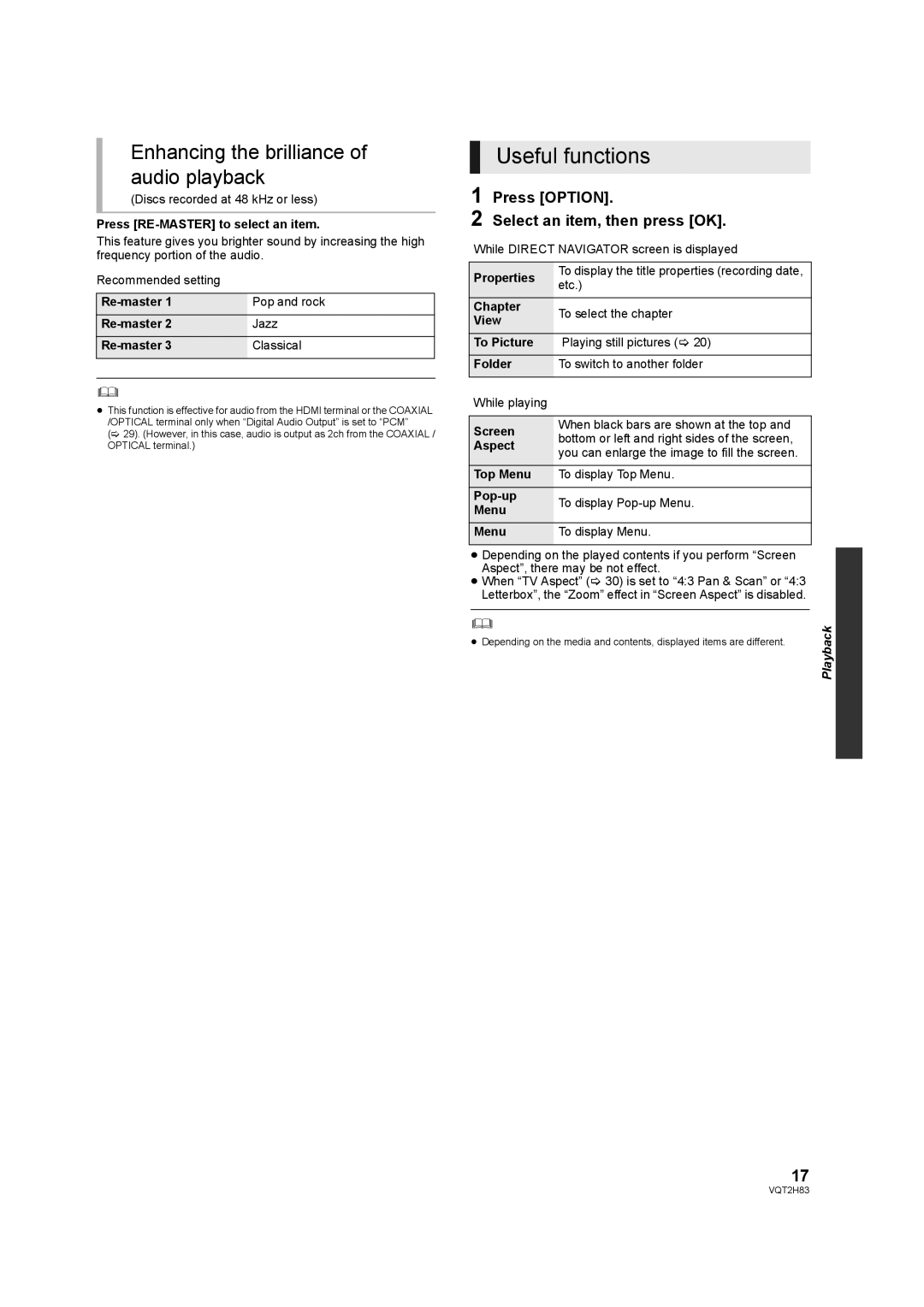 Panasonic DMP-BD85 operating instructions Useful functions, Press Option Select an item, then press OK 