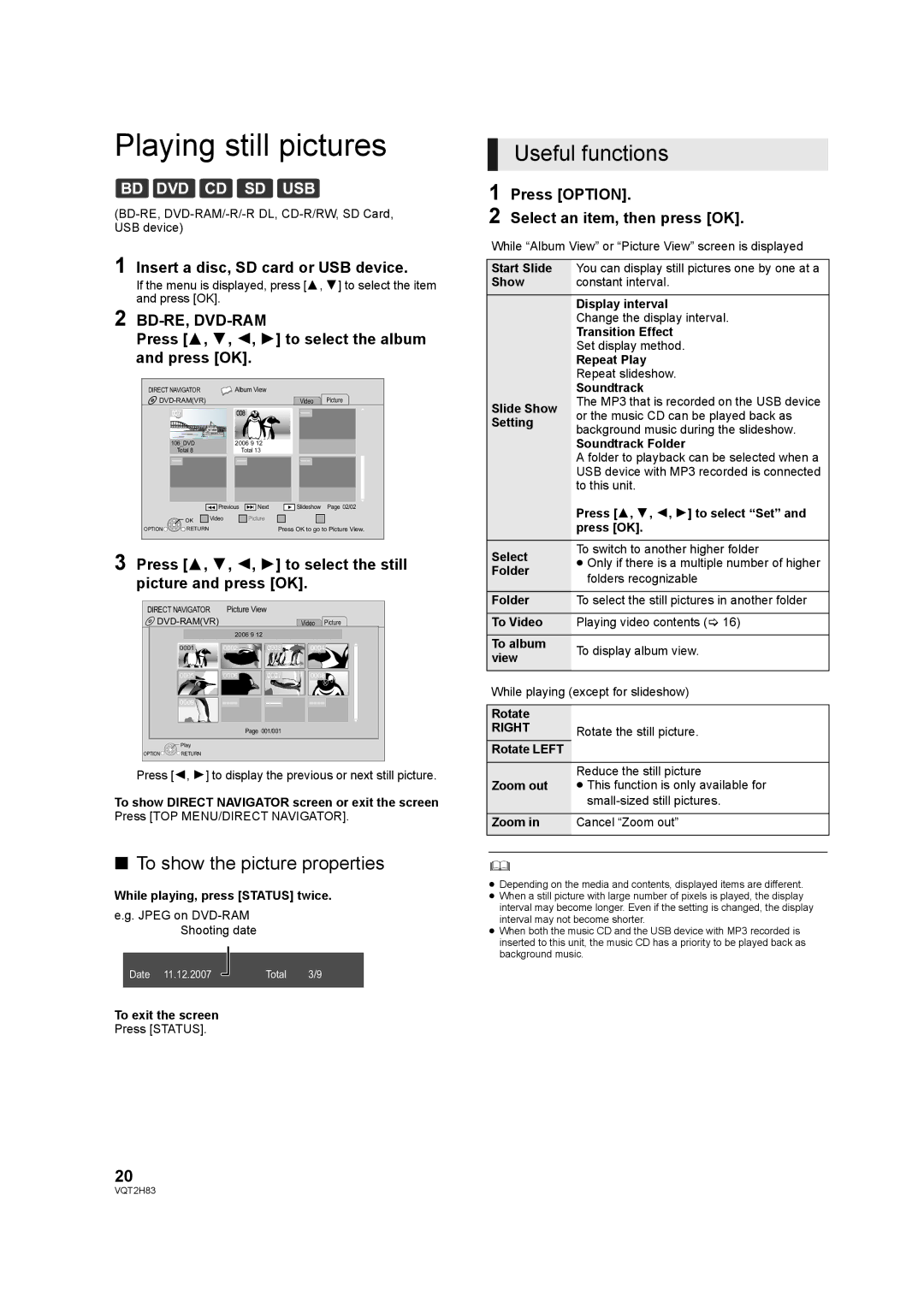 Panasonic DMP-BD85 Playing still pictures, To show the picture properties, Insert a disc, SD card or USB device 