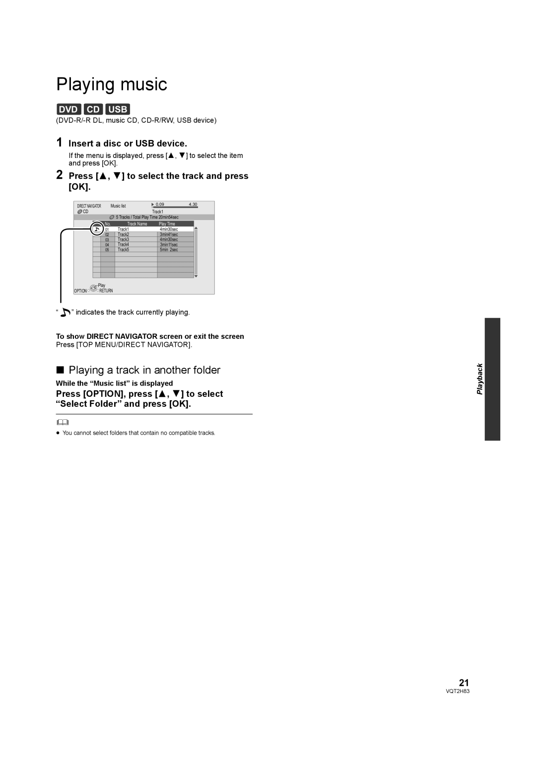 Panasonic DMP-BD85 operating instructions Playing music, Playing a track in another folder, Insert a disc or USB device 