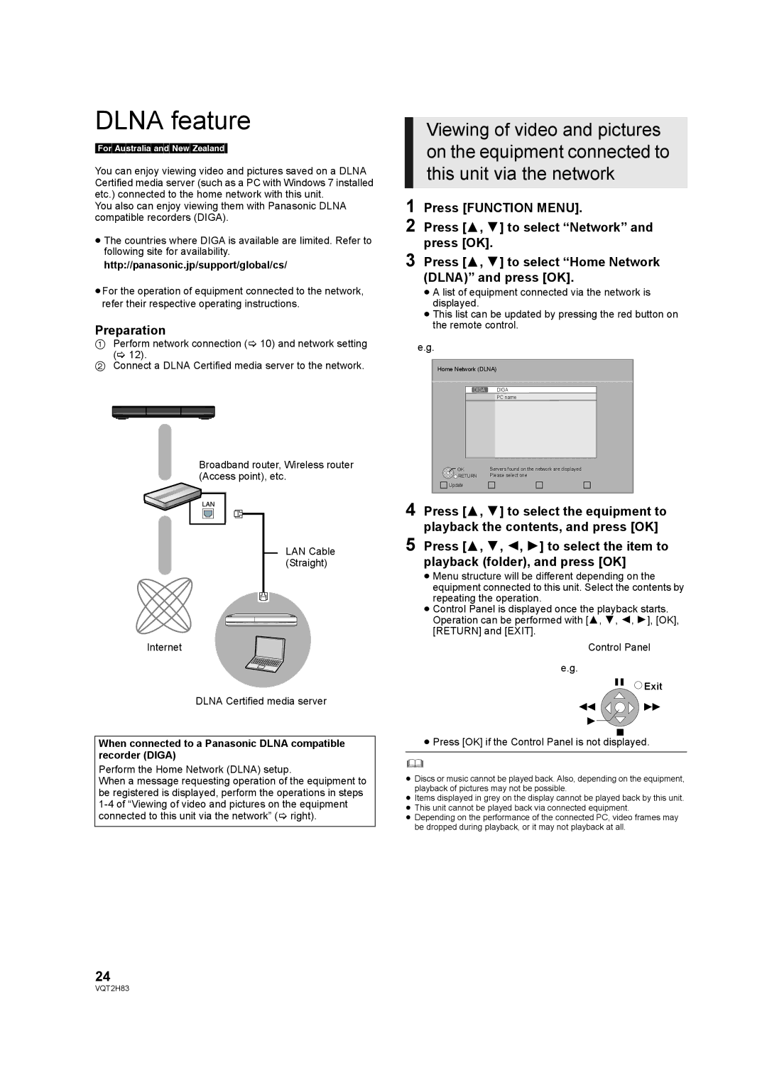 Panasonic DMP-BD85 operating instructions Dlna feature, When connected to a Panasonic Dlna compatible recorder Diga 