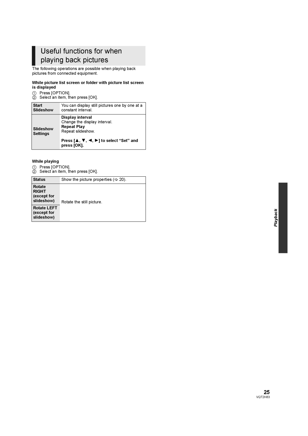 Panasonic DMP-BD85 Useful functions for when playing back pictures, Press Option Select an item, then press OK 