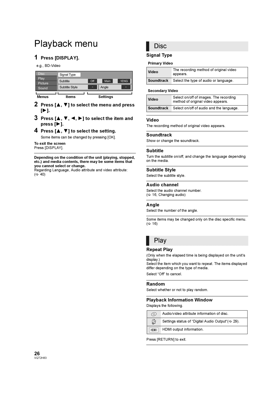 Panasonic DMP-BD85 operating instructions Playback menu, Disc 