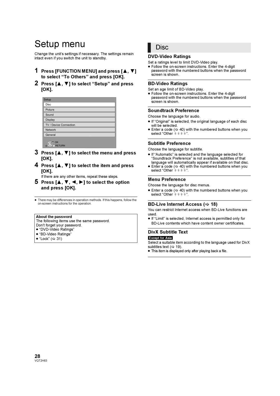 Panasonic DMP-BD85 operating instructions Setup menu 