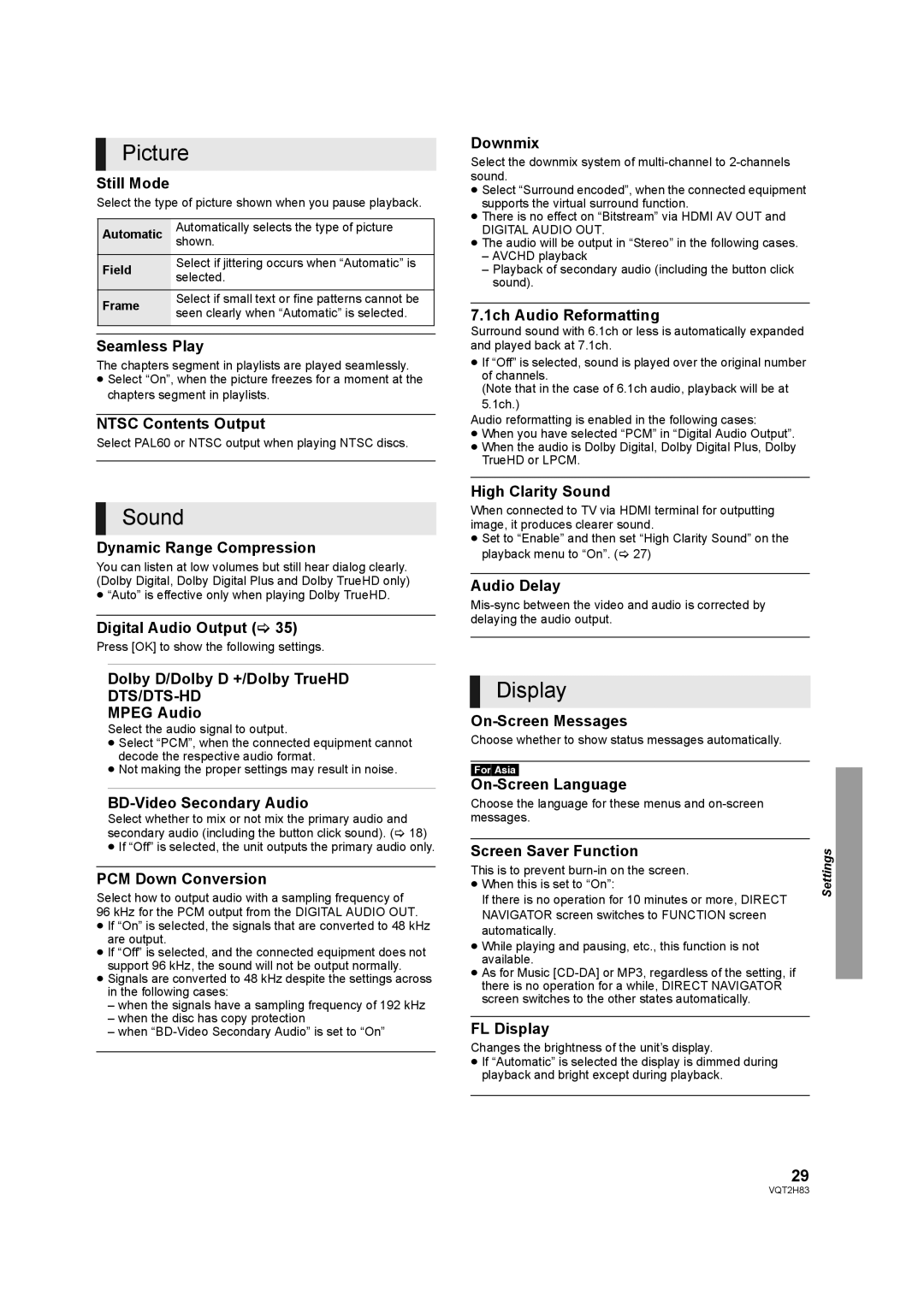 Panasonic DMP-BD85 operating instructions Display 