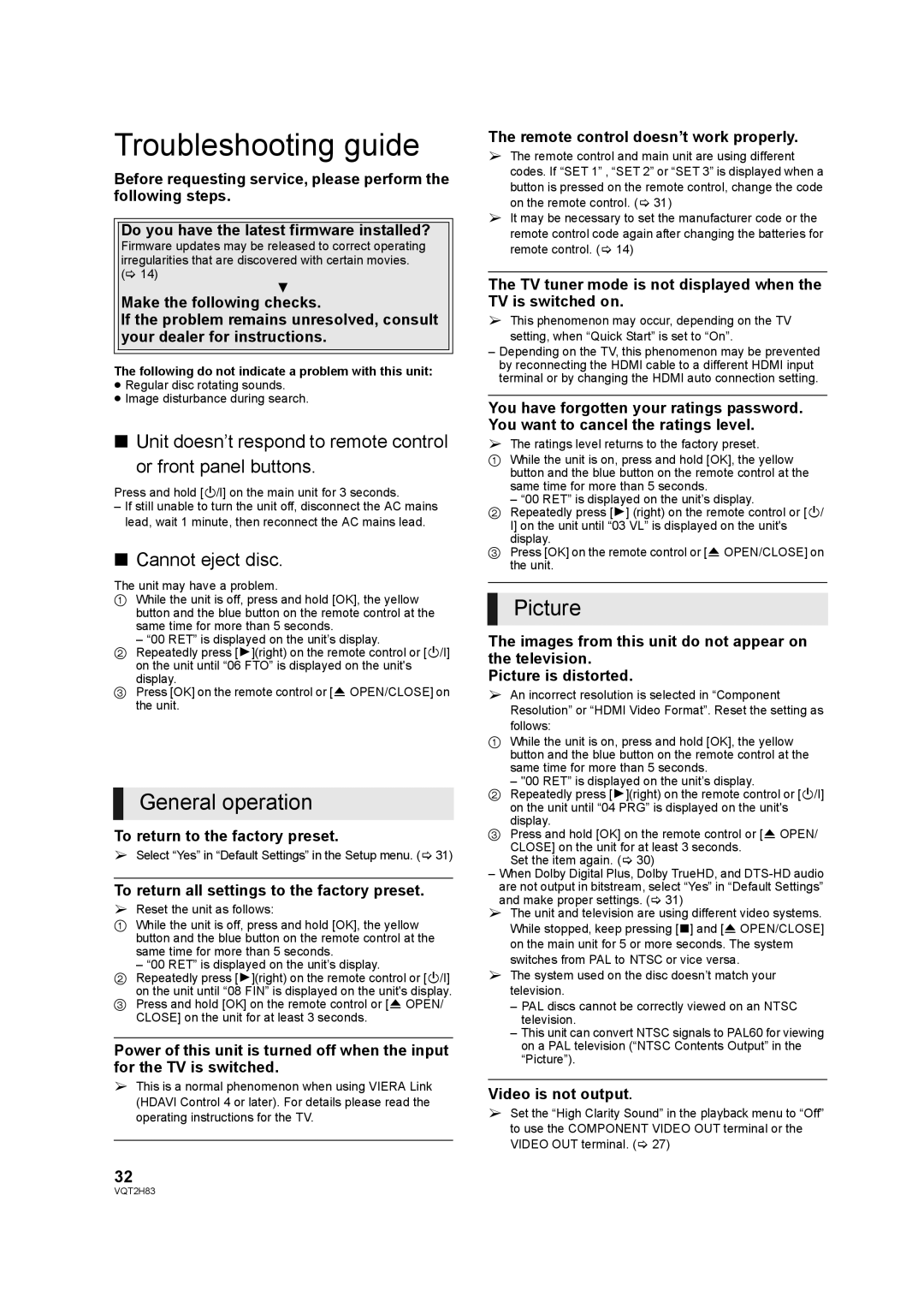 Panasonic DMP-BD85 operating instructions Troubleshooting guide, General operation, Cannot eject disc 