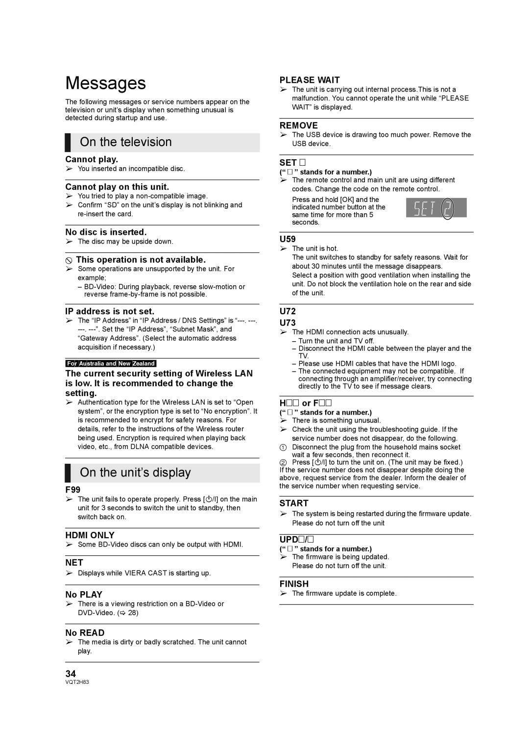 Panasonic DMP-BD85 operating instructions Messages, On the television, On the unit’s display 