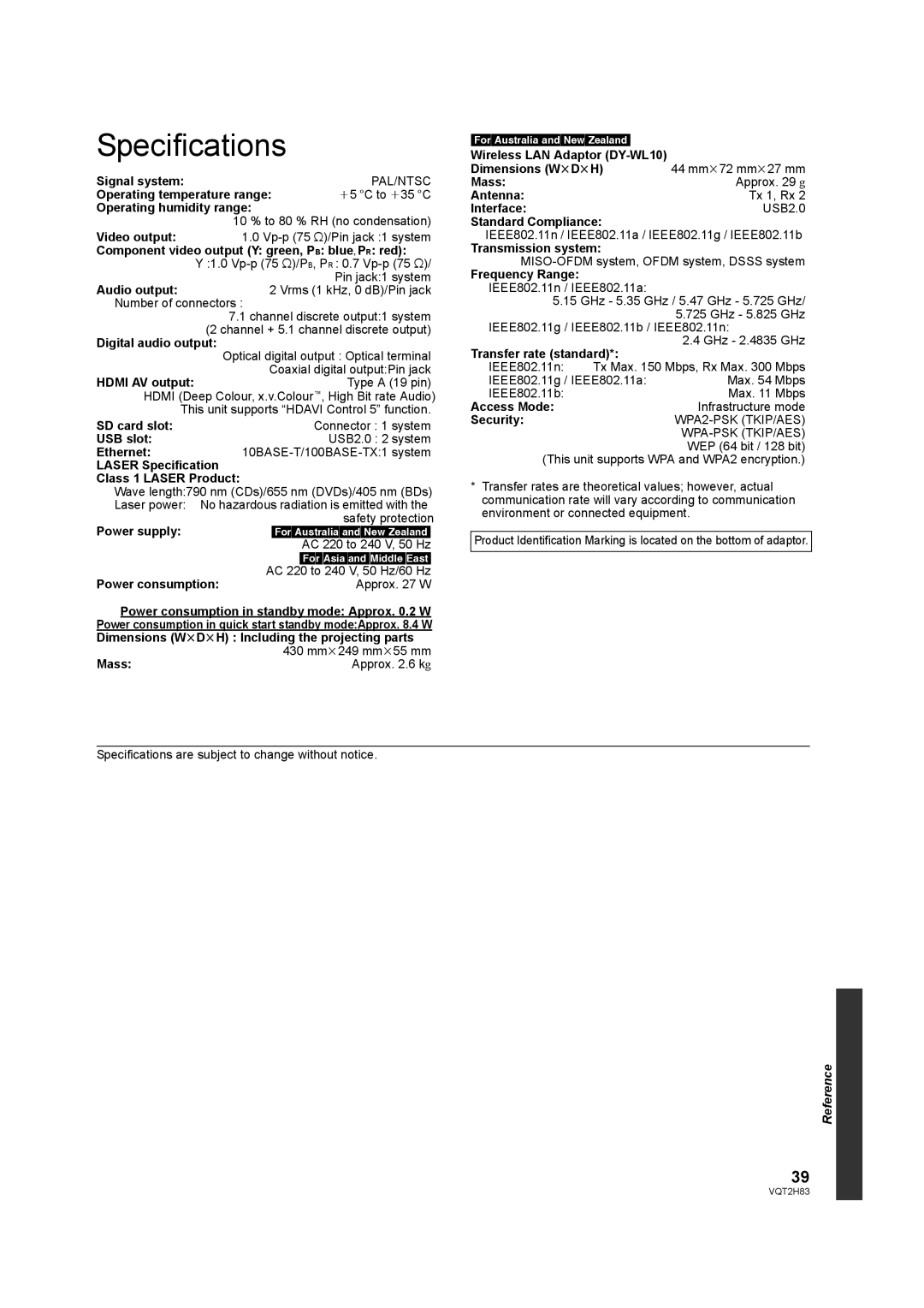 Panasonic DMP-BD85 operating instructions Specifications 