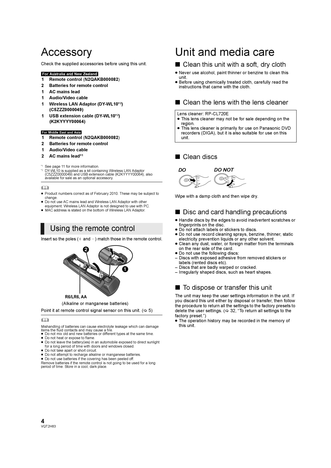 Panasonic DMP-BD85 operating instructions Accessory, Unit and media care, Using the remote control 