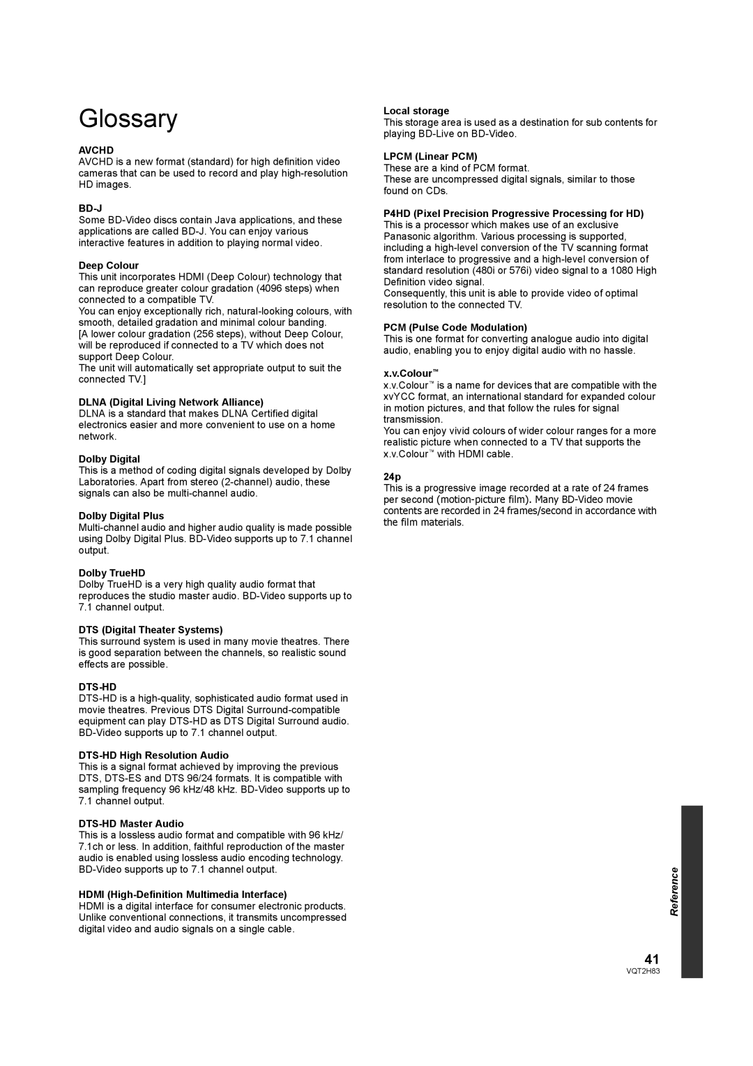 Panasonic DMP-BD85 operating instructions Glossary, Avchd, Bd-J, Dts-Hd 