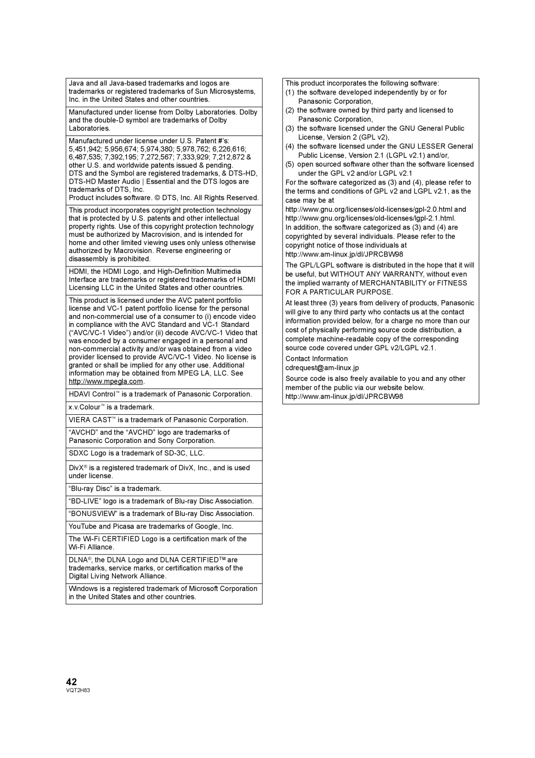 Panasonic DMP-BD85 operating instructions Contact Information cdrequest@am-linux.jp 