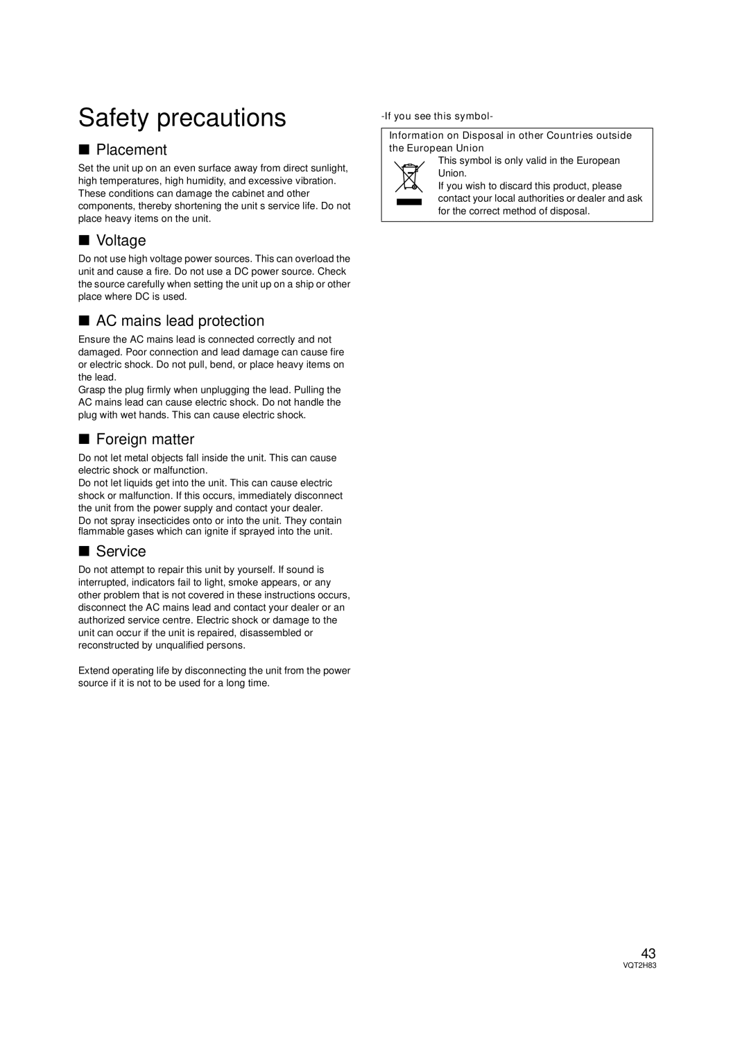 Panasonic DMP-BD85 operating instructions Safety precautions 