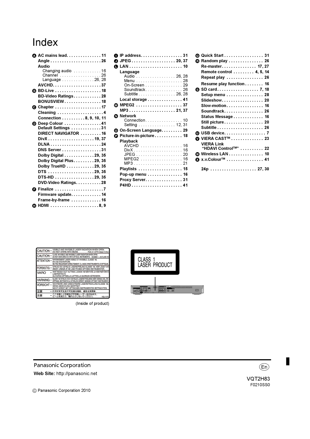 Panasonic DMP-BD85 operating instructions Index, IP address J Jpeg , 37 L LAN Language, Local storage M MPEG2 MP3 Network 