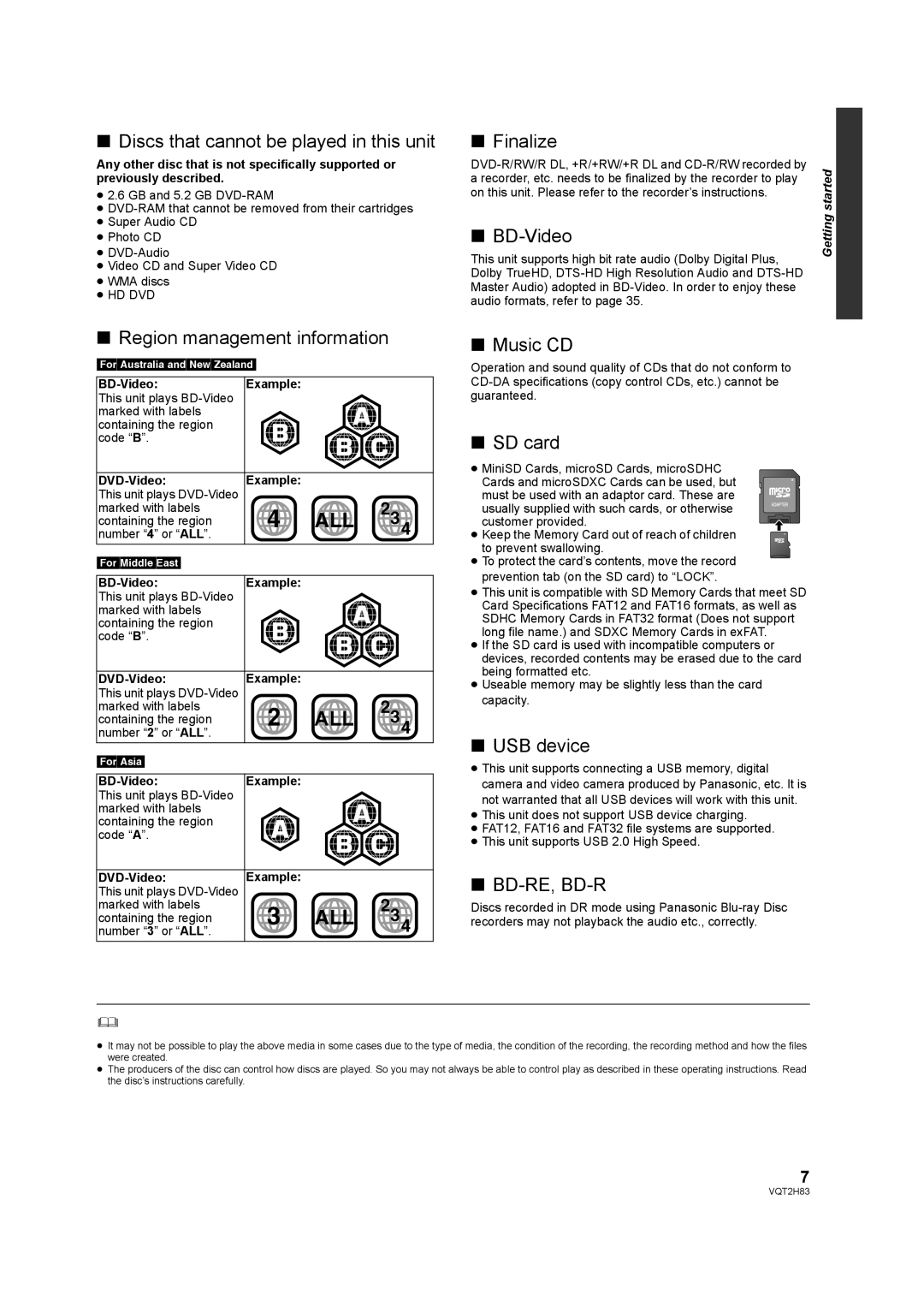 Panasonic DMP-BD85 Discs that cannot be played in this unit, Finalize, BD-Video, Region management information, Music CD 