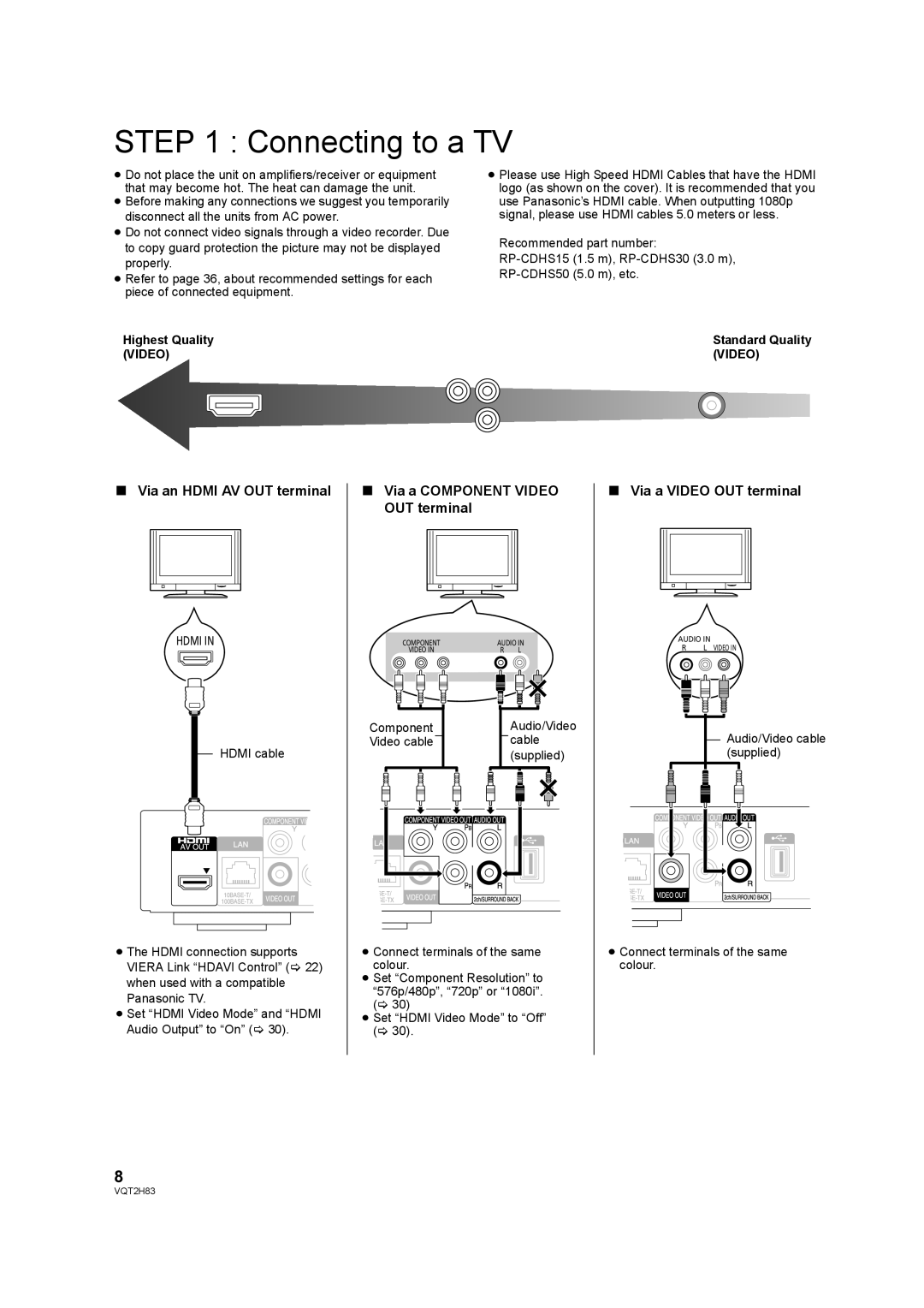 Panasonic DMP-BD85 operating instructions Connecting to a TV, Highest Quality Video, Standard Quality Video 