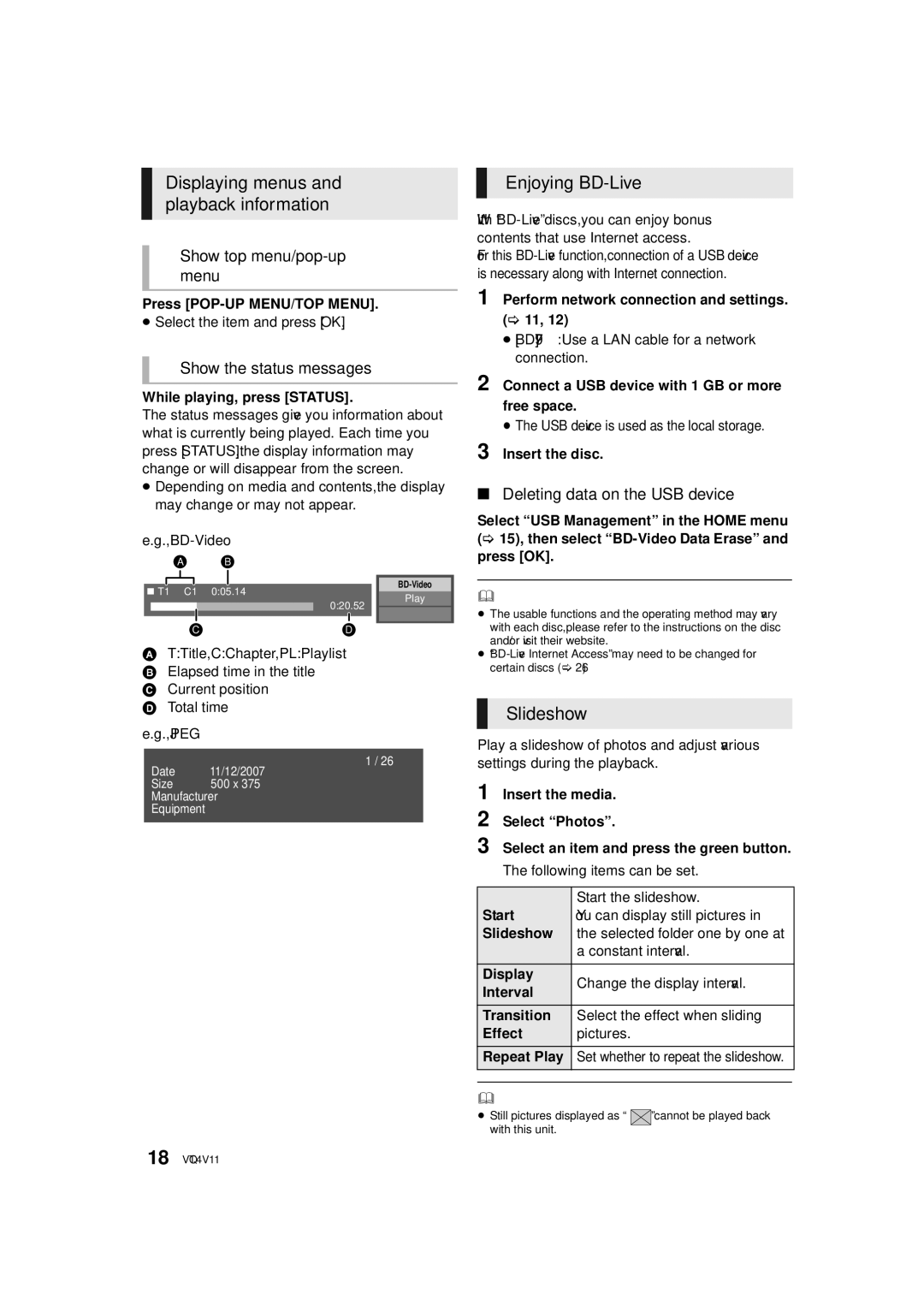 Panasonic DMP-BD89, DMP-BD79 owner manual Displaying menus and playback information, Enjoying BD-Live, Slideshow 