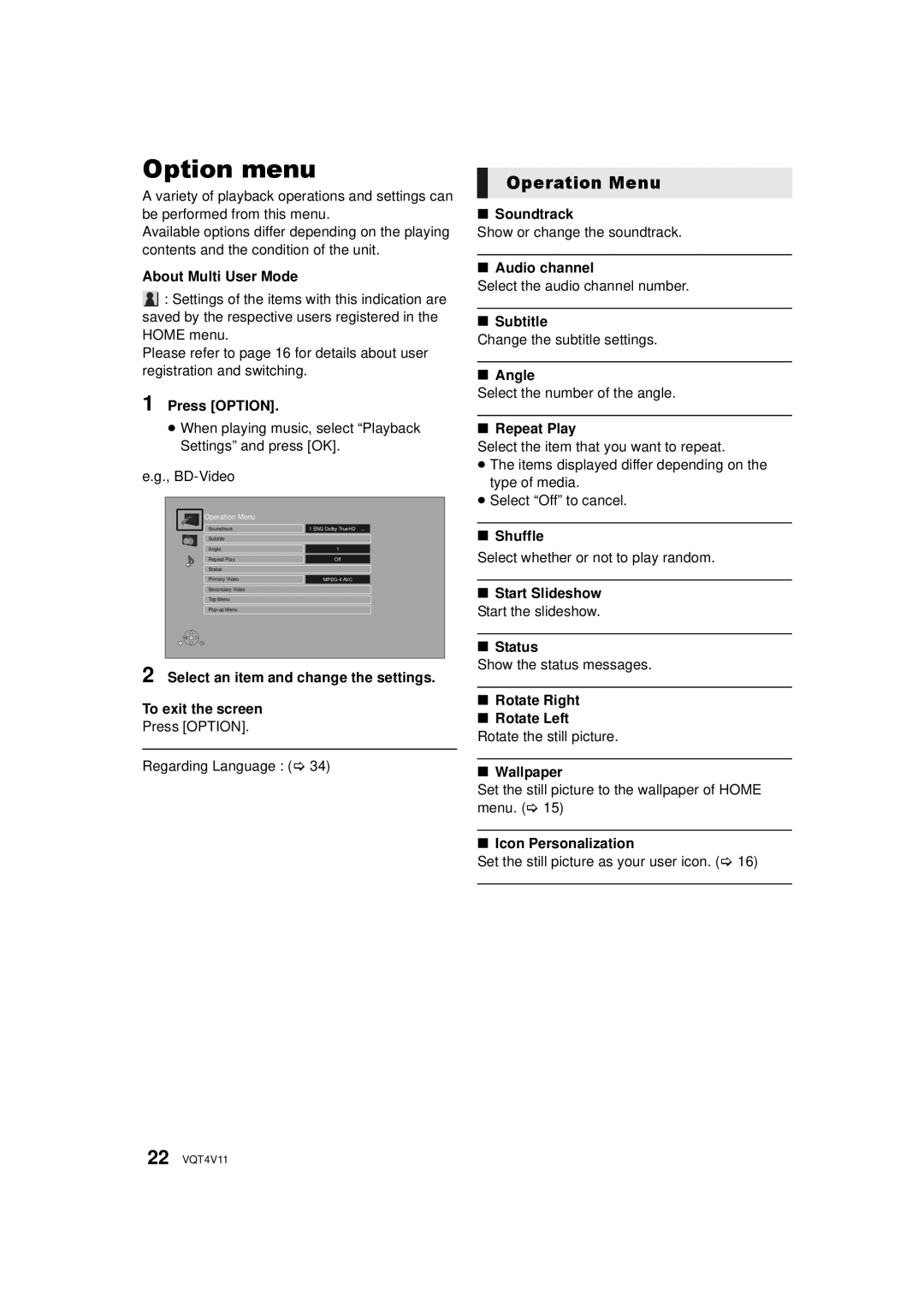 Panasonic DMP-BD89, DMP-BD79 owner manual Option menu, Operation Menu 