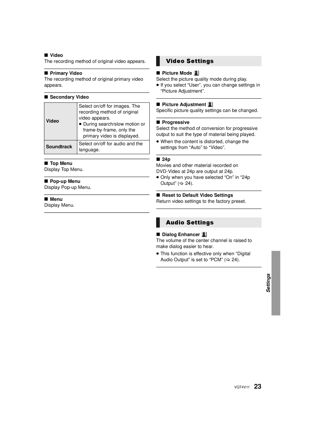 Panasonic DMP-BD79, DMP-BD89 owner manual Video Settings, Audio Settings 