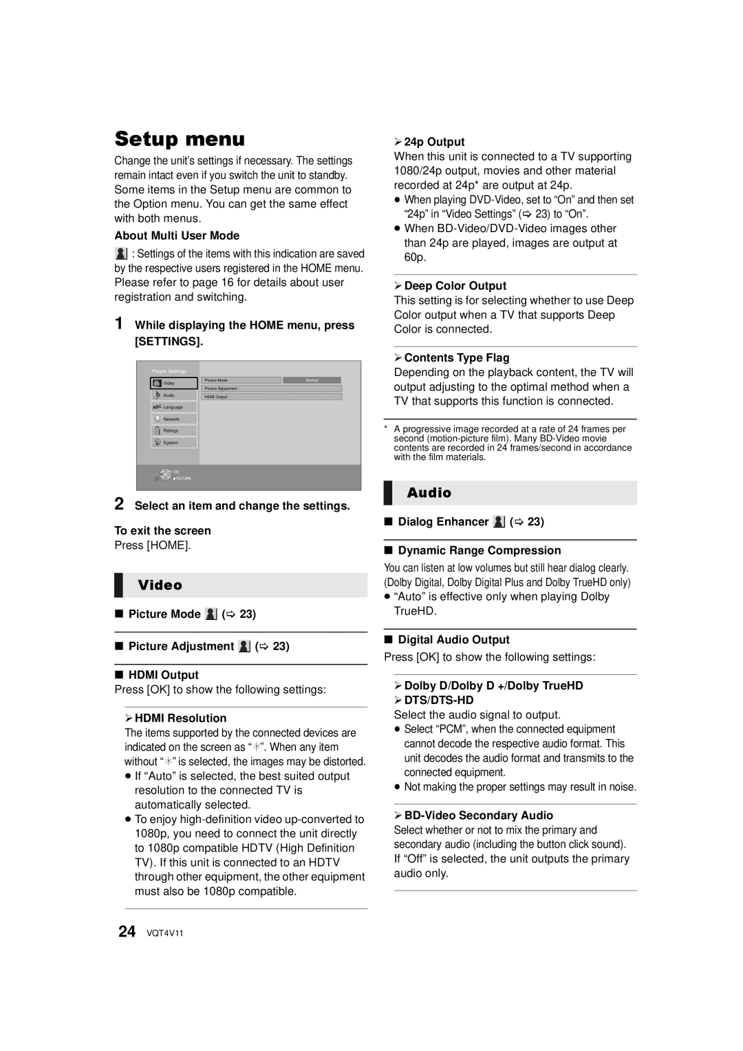 Panasonic DMP-BD89, DMP-BD79 owner manual Setup menu, Video, Audio, ¾ DTS/DTS-HD 