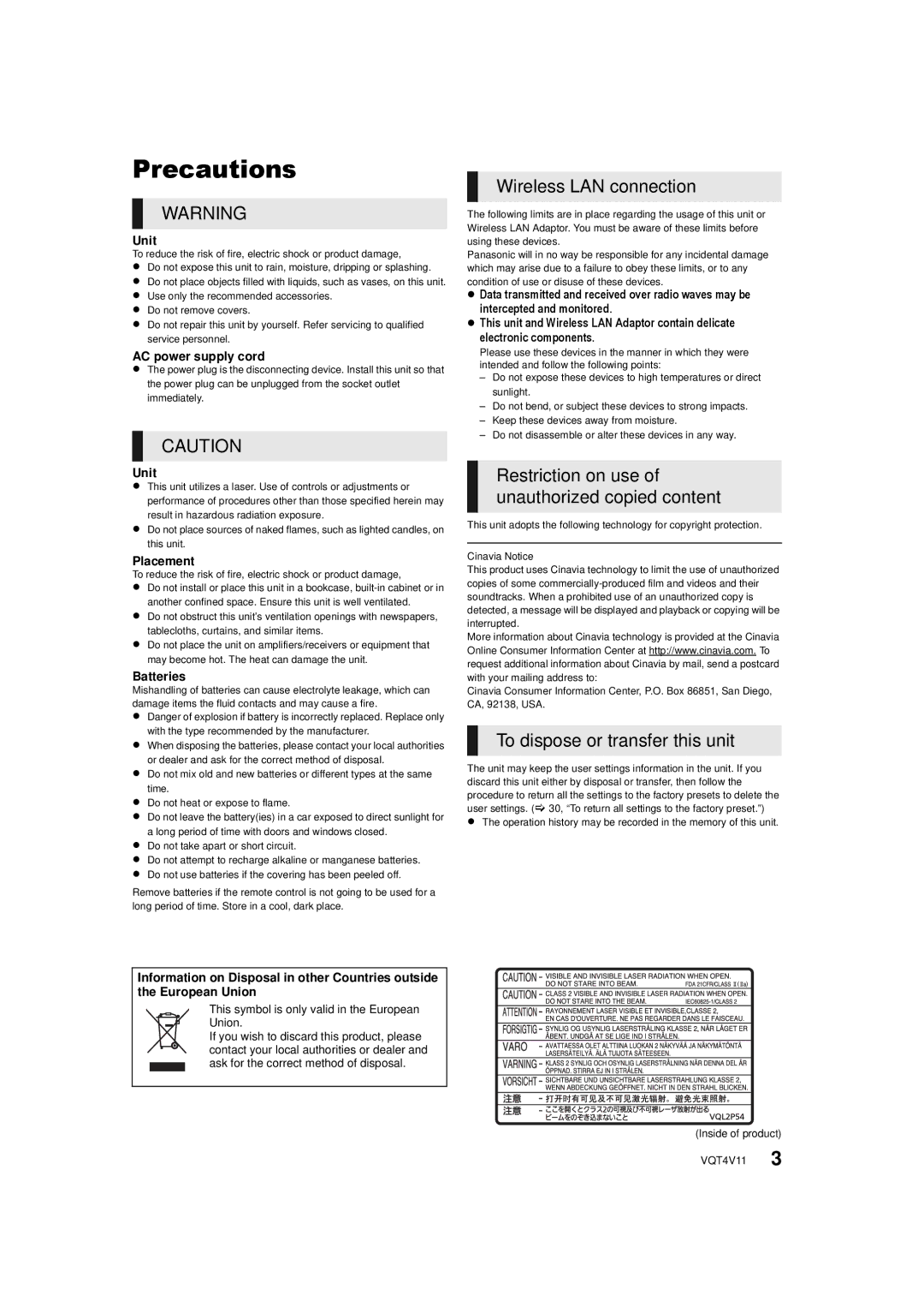 Panasonic DMP-BD79, DMP-BD89 owner manual Precautions, Unit 