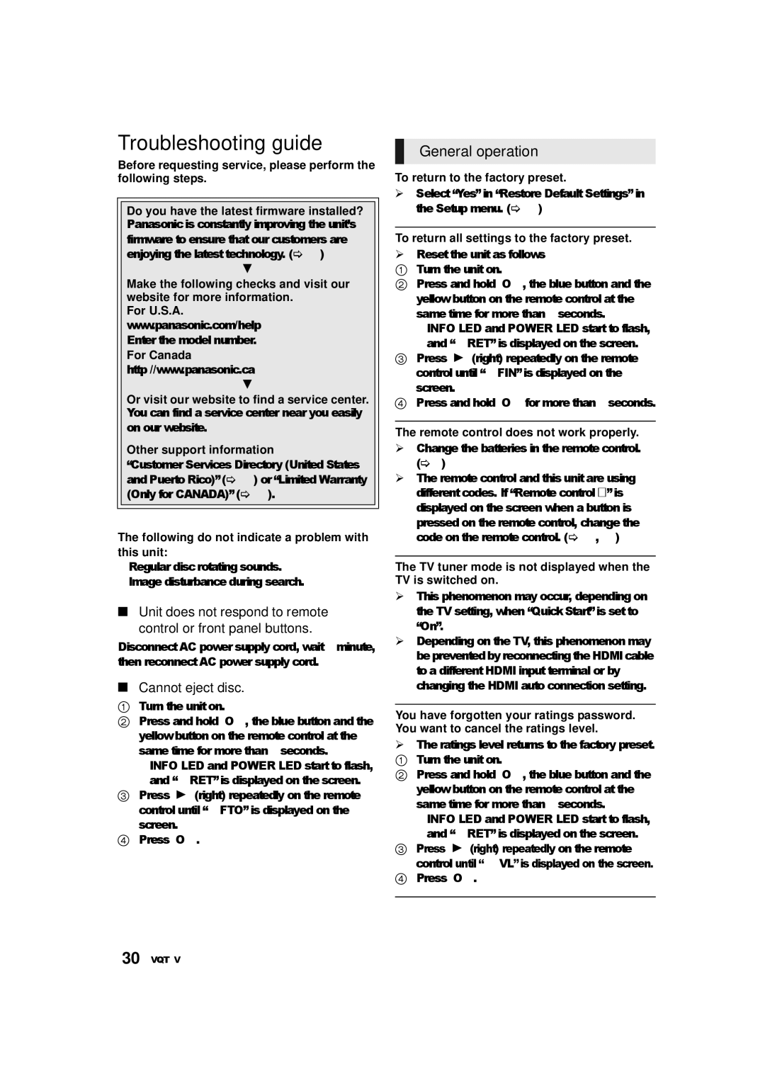 Panasonic DMP-BD89, DMP-BD79 owner manual Troubleshooting guide, General operation, Cannot eject disc 