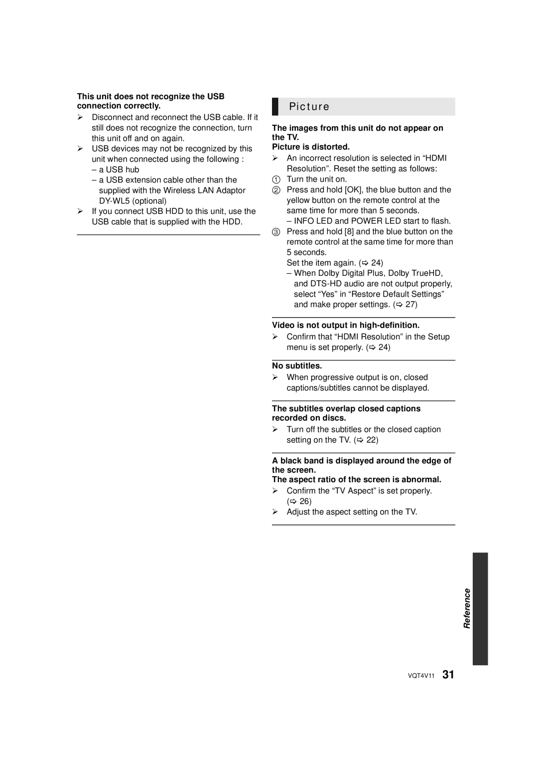 Panasonic DMP-BD79, DMP-BD89 owner manual Picture, This unit does not recognize the USB connection correctly, No subtitles 