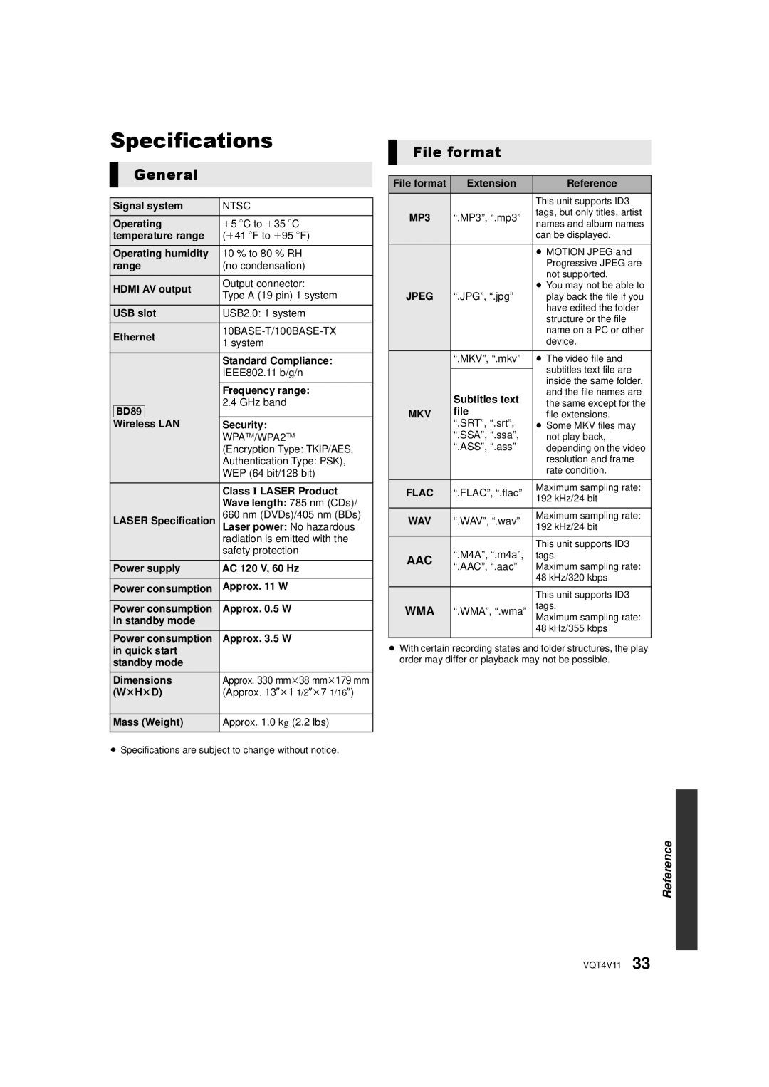 Panasonic DMP-BD79, DMP-BD89 owner manual Specifications, General, File format 