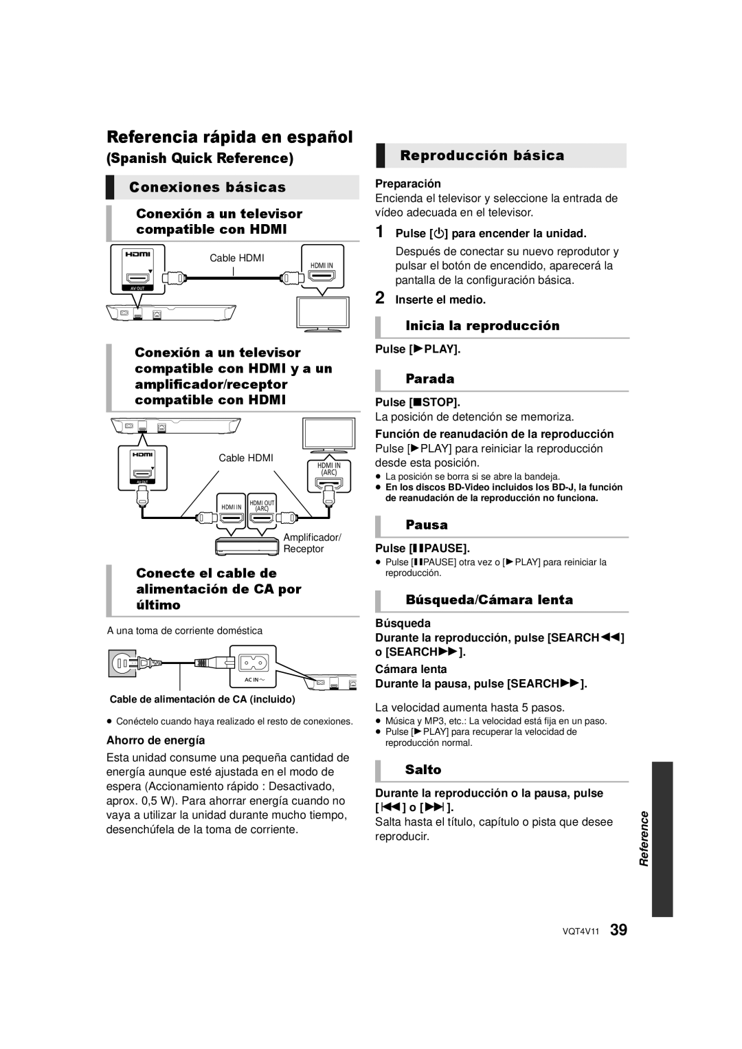 Panasonic DMP-BD79, DMP-BD89 owner manual Spanish Quick Reference Conexiones básicas, Reproducción básica 