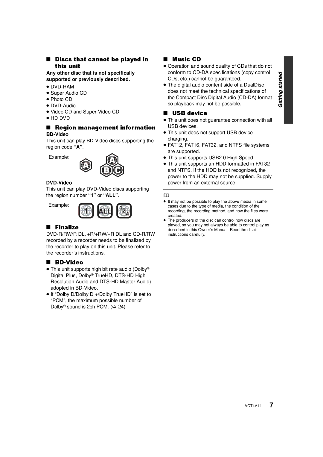 Panasonic DMP-BD79 Discs that cannot be played This unit, Region management information, Finalize, BD-Video, Music CD 