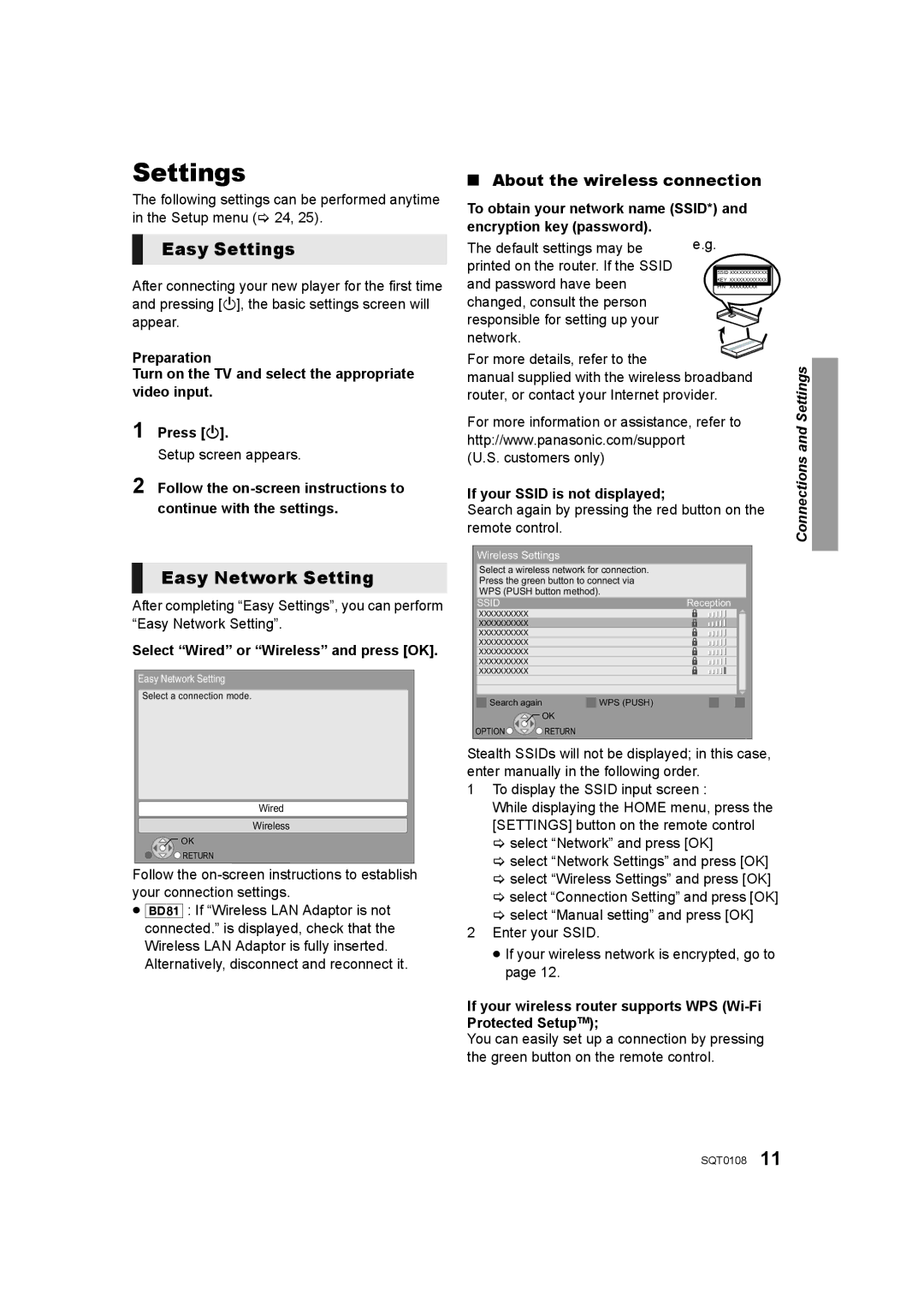 Panasonic DMP-BD81, DMP-BD91, DMP-BD901 owner manual Easy Settings, Easy Network Setting, About the wireless connection 