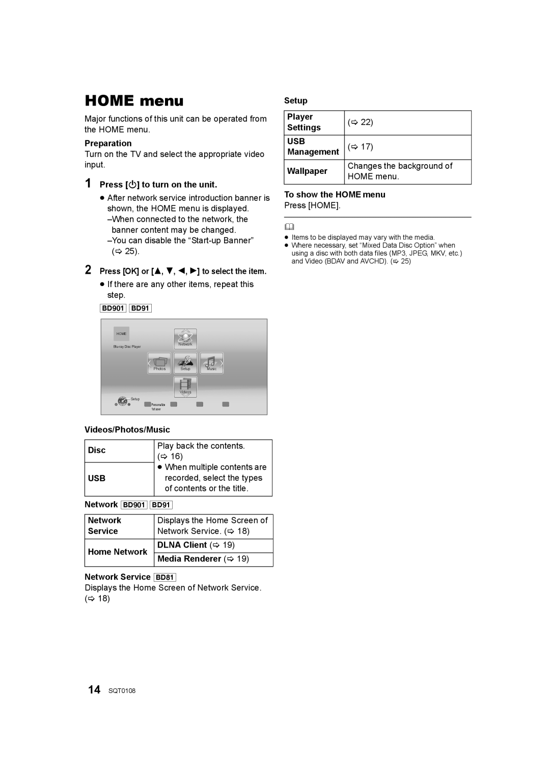 Panasonic DMP-BD81, DMP-BD91, DMP-BD901 owner manual Home menu, Usb 