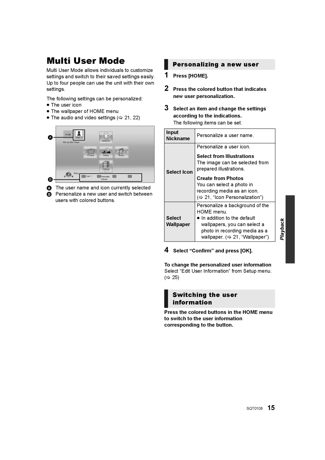 Panasonic DMP-BD91, DMP-BD901, DMP-BD81 Multi User Mode, Personalizing a new user, Switching the user information 