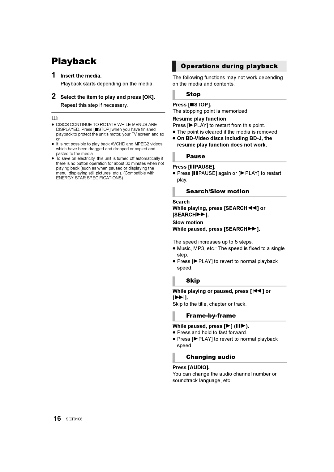 Panasonic DMP-BD901, DMP-BD91, DMP-BD81 owner manual Playback, Operations during playback 