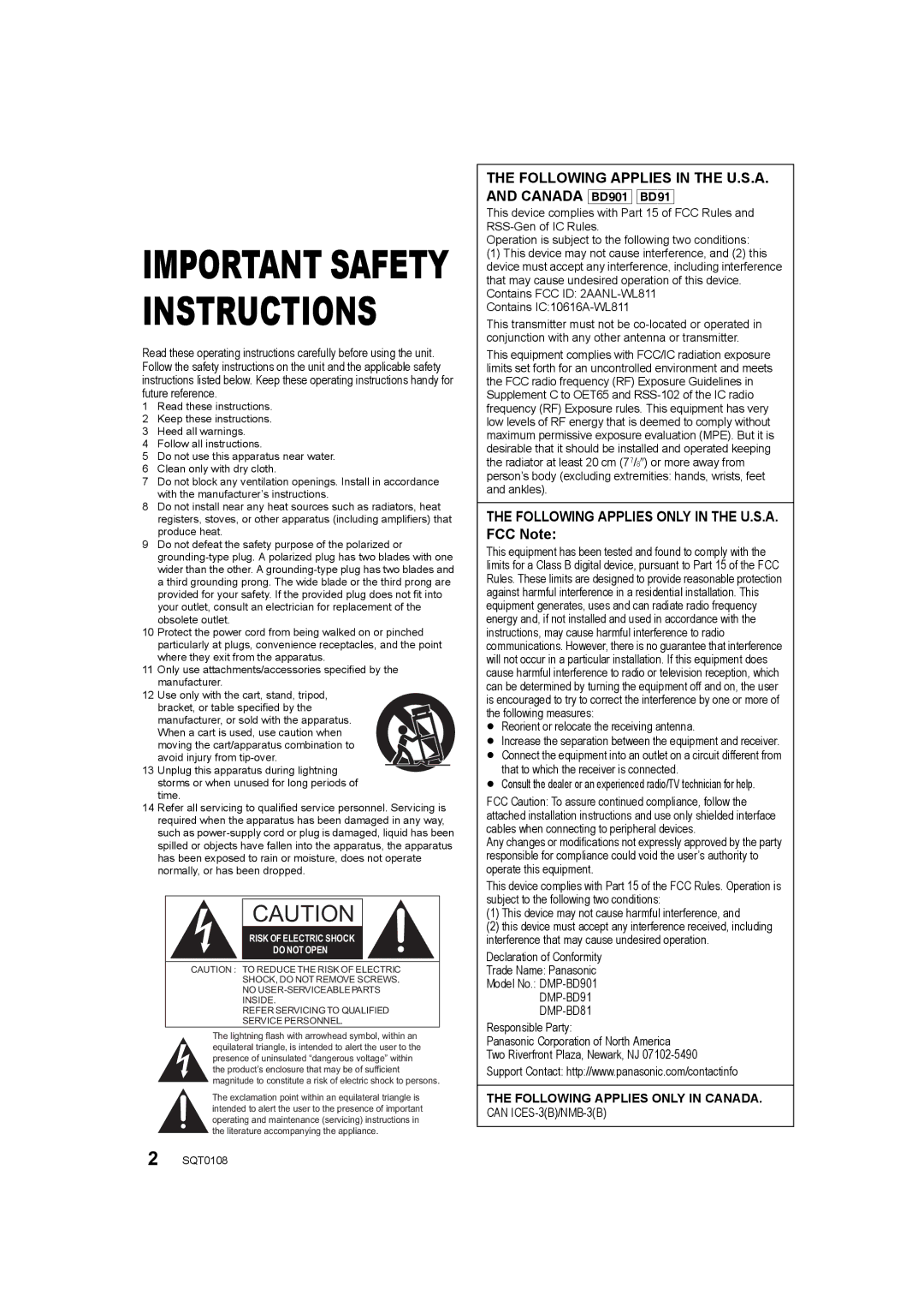 Panasonic DMP-BD81 Following Applies in the U.S.A. and Canada BD901 BD91, Following Applies only in the U.S.A. FCC Note 