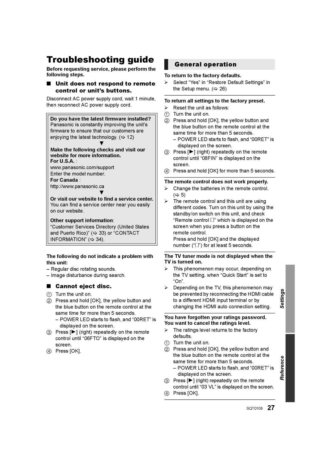 Panasonic DMP-BD91 Troubleshooting guide, General operation, Unit does not respond to remote control or unit’s buttons 