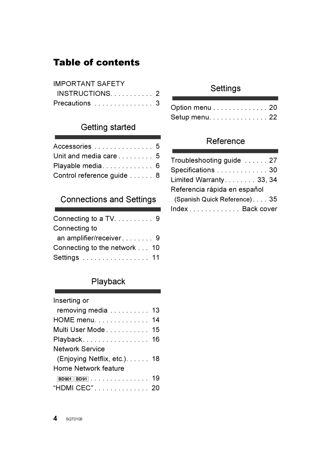 Panasonic DMP-BD901, DMP-BD91, DMP-BD81 owner manual Table of contents 