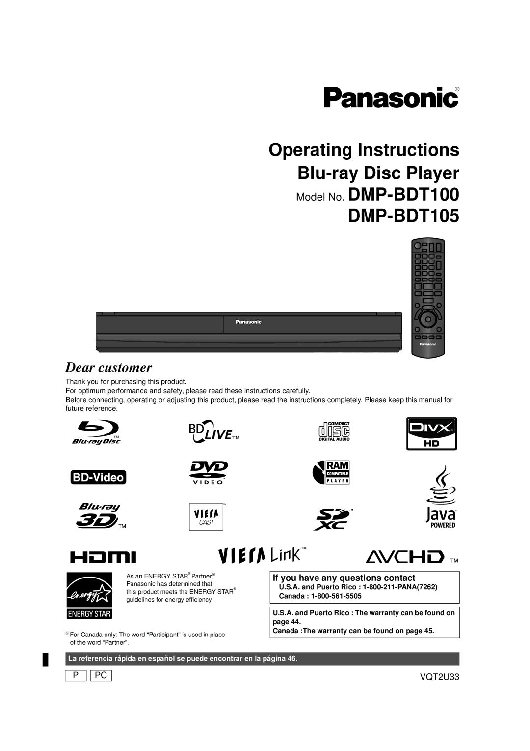 Panasonic DMP-BDT105 operating instructions Model No. DMP-BDT100, If you have any questions contact 