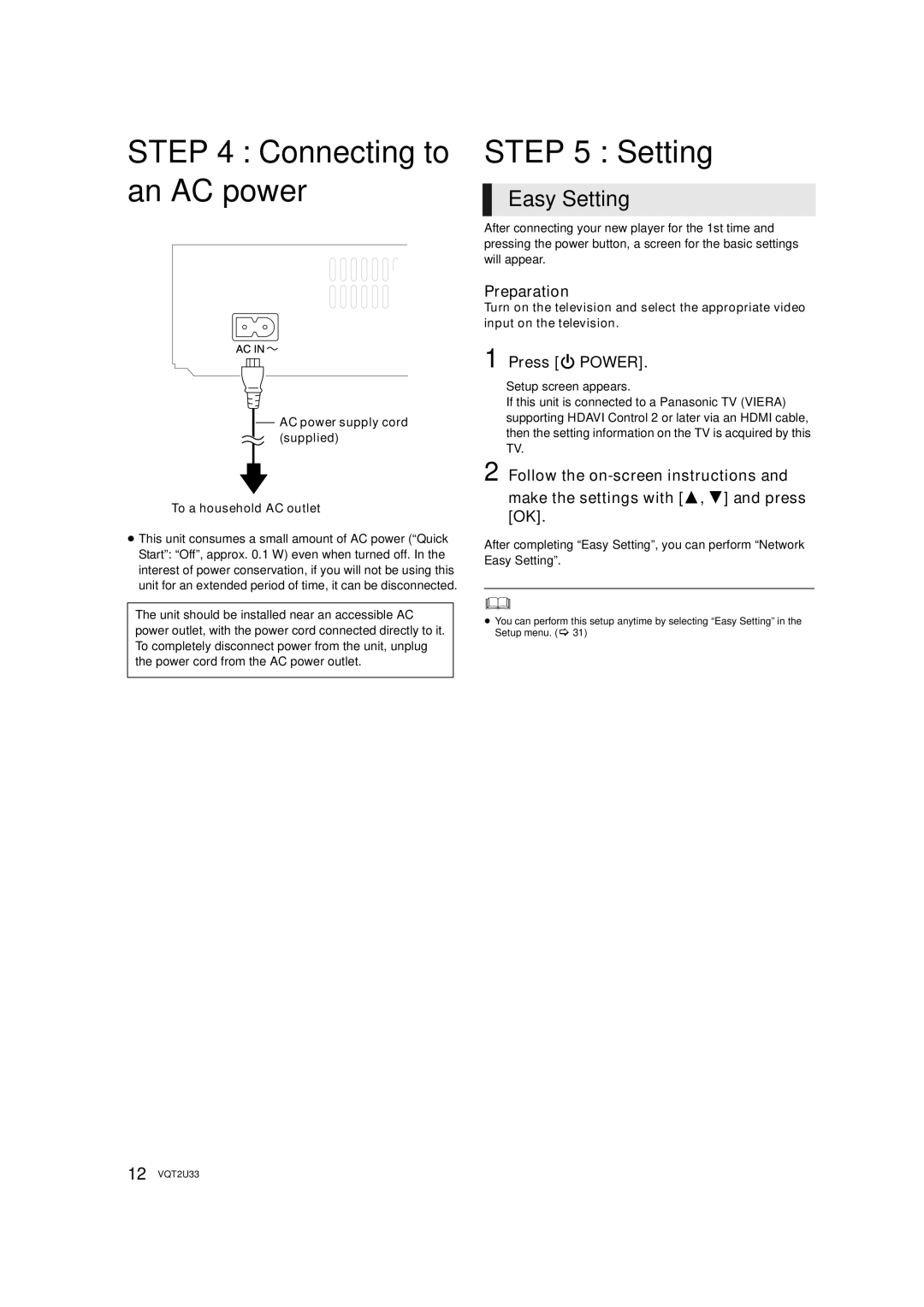 Panasonic DMP-BDT105 operating instructions Connecting to an AC power, Easy Setting, Preparation, Press Í Power 