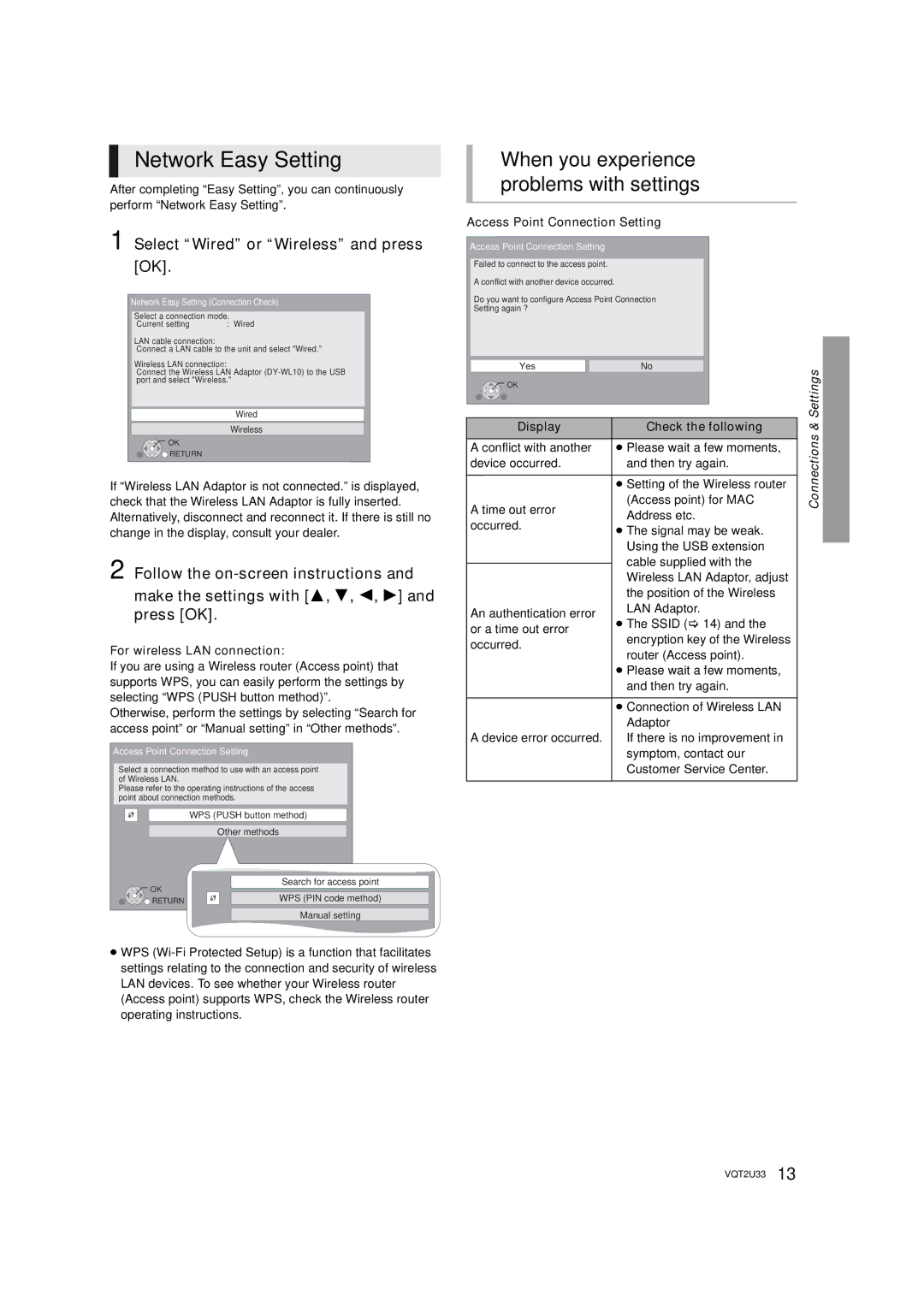 Panasonic DMP-BDT105 operating instructions Network Easy Setting, When you experience problems with settings 