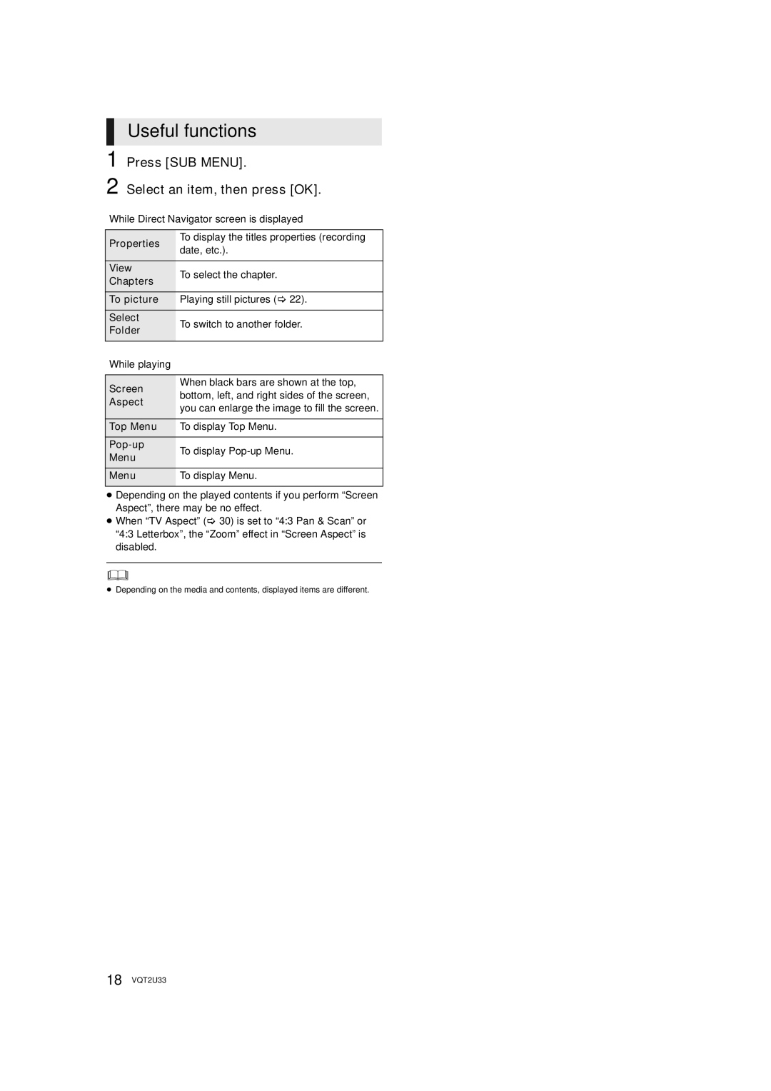 Panasonic DMP-BDT105 operating instructions Useful functions, Press SUB Menu Select an item, then press OK 