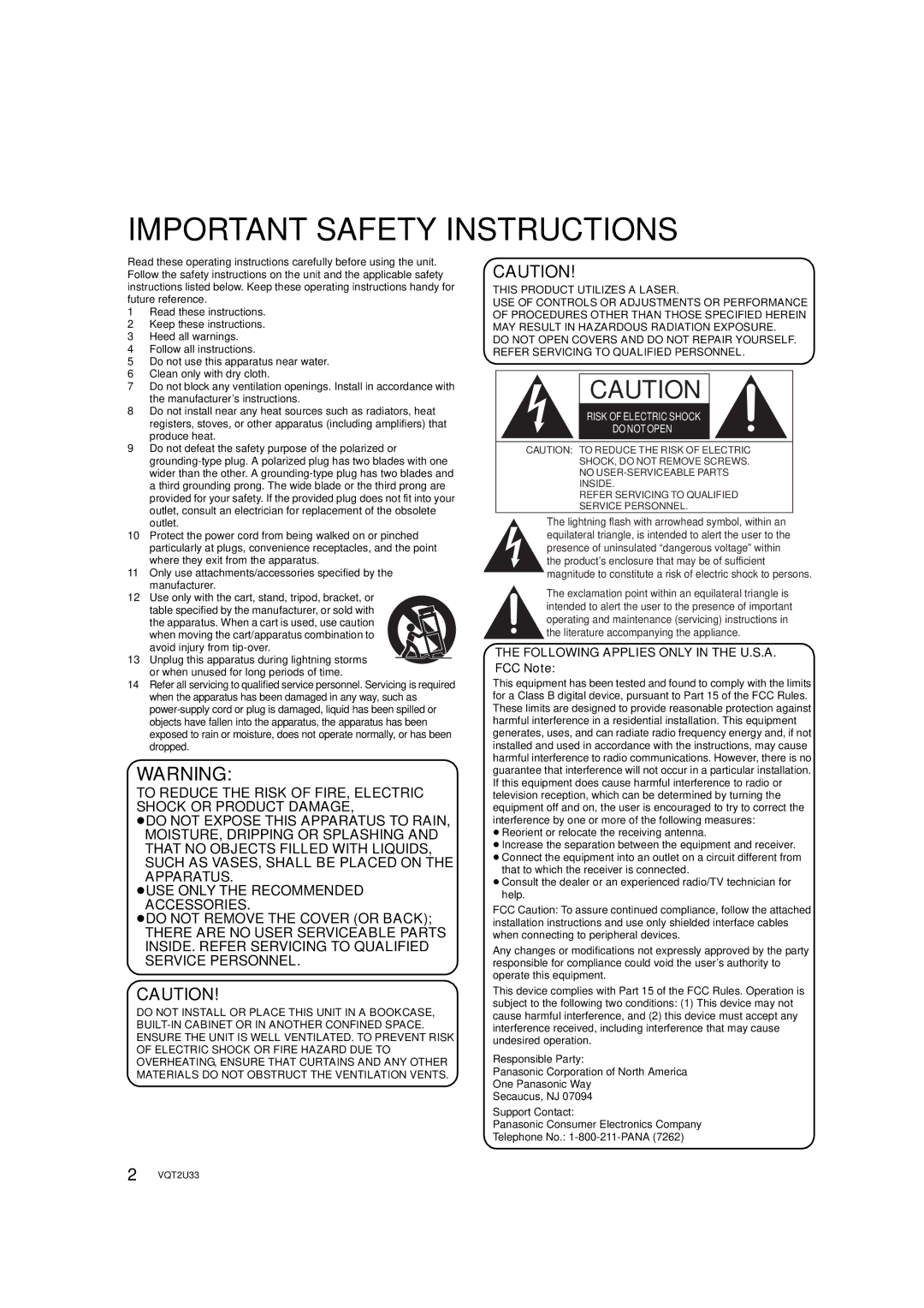 Panasonic DMP-BDT105 operating instructions Important Safety Instructions, Following Applies only in the U.S.A. FCC Note 