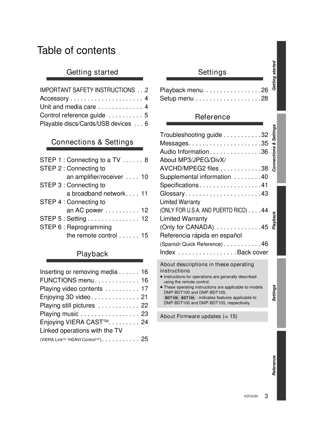 Panasonic DMP-BDT105 operating instructions Table of contents 